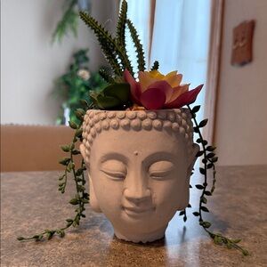 White Buddha Head Planter with Green and Pink Accents